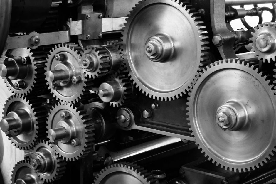 Industrial gear mechanism in black and white